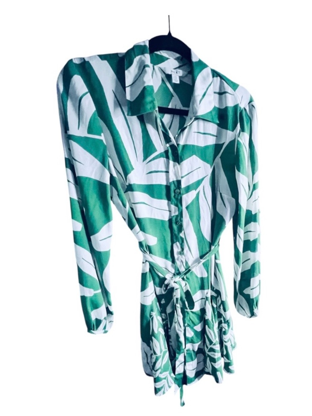 NEXT Green & White Tropical Print Tie Waist Shirt Dress – Size 6
